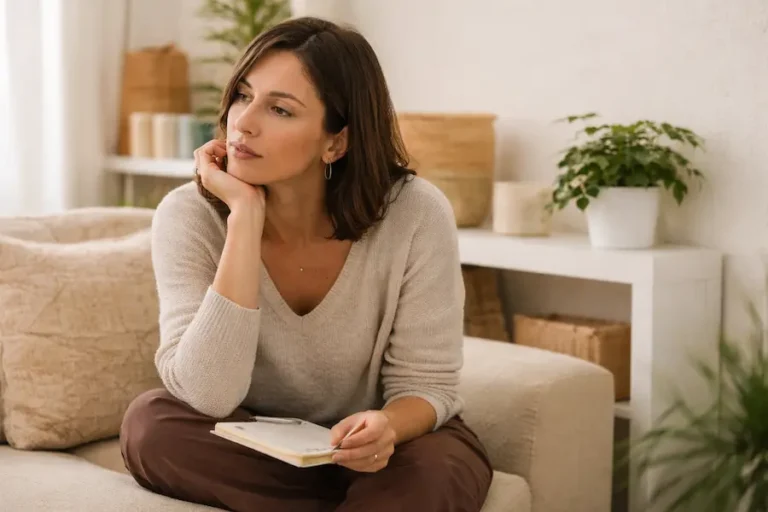 Mujer reflexionando en un espacio tranquilo mientras trabaja la autoexigencia emocional y la autoestima desde el autocuidado