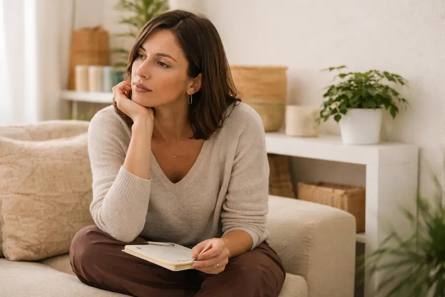 Mujer reflexionando en un espacio tranquilo mientras trabaja la autoexigencia emocional y la autoestima desde el autocuidado